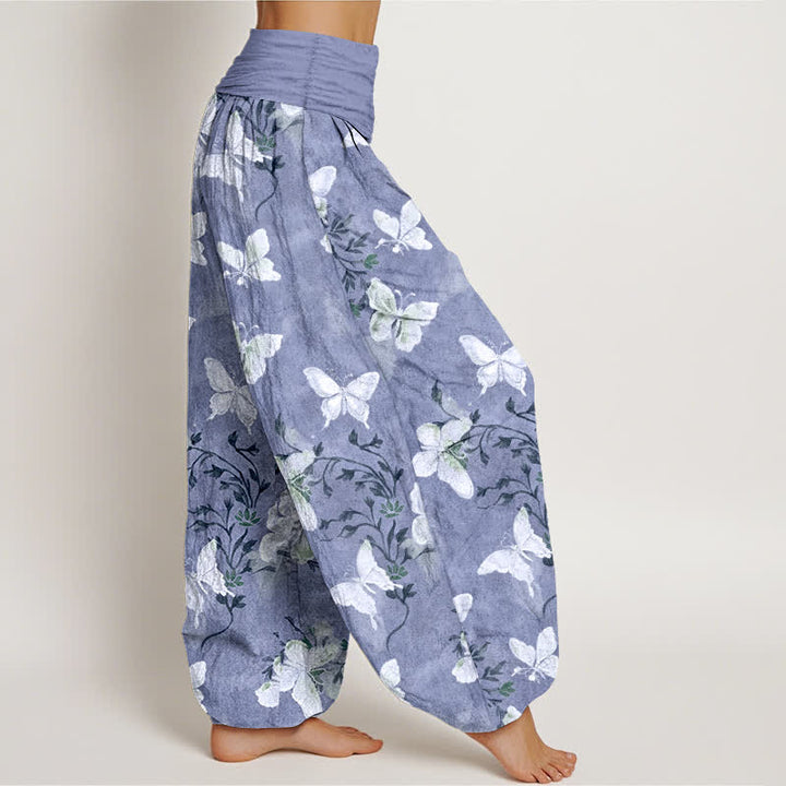 Buddha Stones Cotton White Butterfly Floral Pattern Women's Elastic Waist Harem Pants - image 10