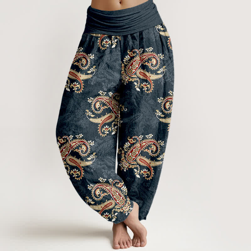 Buddha Stones Pure Cotton Elegant Paisley Pattern Women's Elastic Waist Harem Pants - DarkSlateGray - US16，UK/AU20，EU48 (3XL) - image 5