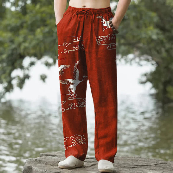 Buddha Stones Cotton White Crane Wave Pattern Men's Tapered Pants With Pockets - DarkRed - US/UK/AU50，EU60 (5XL) - image 4