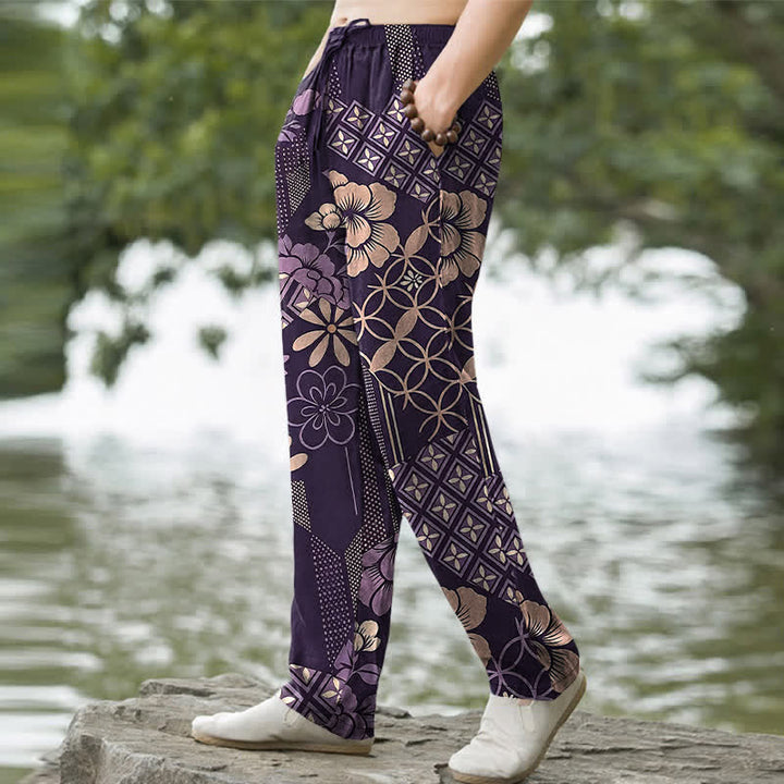 Buddha Stones Cotton Bohemian Floral Geometric Pattern Men's Tapered Pants With Pockets - image 5