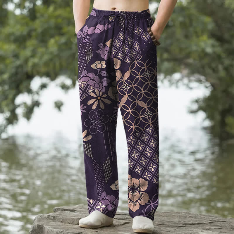 Buddha Stones Cotton Bohemian Floral Geometric Pattern Men's Tapered Pants With Pockets - Purple - US/UK/AU50，EU60 (5XL) - image 4