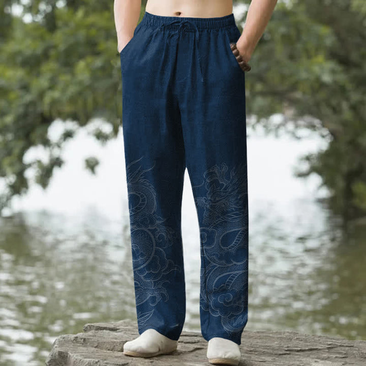 Buddha Stones Cotton Subtle Dragon Pattern Men's Tapered Pants With Pockets - Navy - US/UK/AU50，EU60 (5XL) - image 0