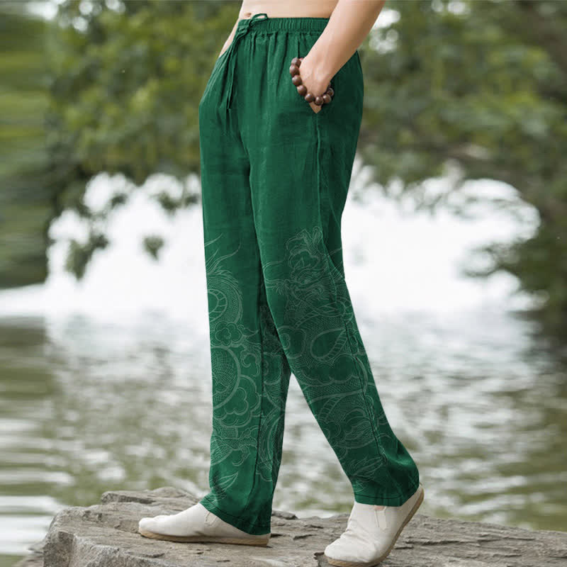 Buddha Stones Cotton Subtle Dragon Pattern Men's Tapered Pants With Pockets - image 5