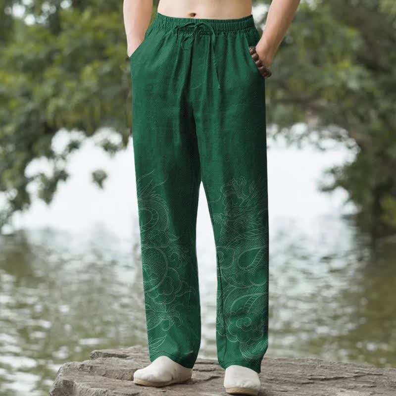 Buddha Stones Cotton Subtle Dragon Pattern Men's Tapered Pants With Pockets - ForestGreen - US/UK/AU50，EU60 (5XL) - image 4