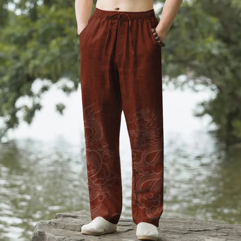 Buddha Stones Cotton Subtle Dragon Pattern Men's Tapered Pants With Pockets - Maroon - US/UK/AU50，EU60 (5XL) - image 6