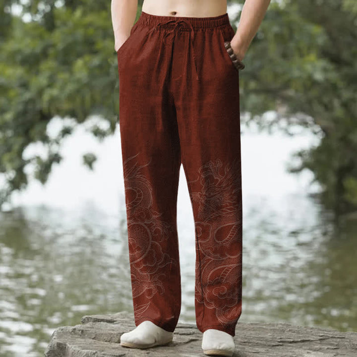 Buddha Stones Cotton Subtle Dragon Pattern Men's Tapered Pants With Pockets - Maroon - US/UK/AU50，EU60 (5XL) - image 6