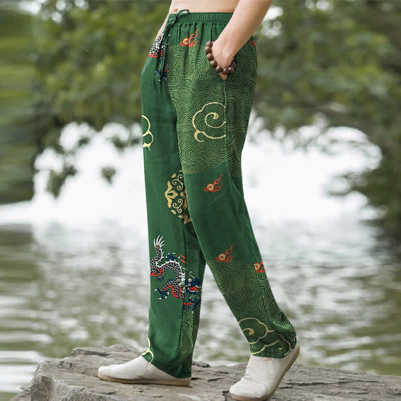 Buddha Stones Cotton Auspicious Cloud Dragon Pattern Men's Tapered Pants With Pockets - image 1