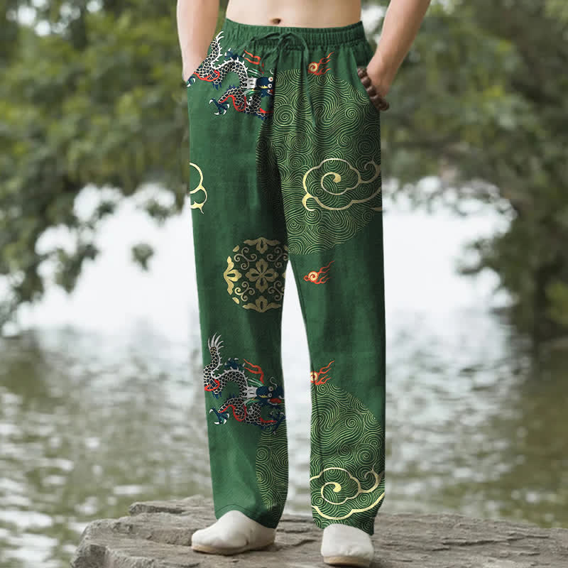 Buddha Stones Cotton Auspicious Cloud Dragon Pattern Men's Tapered Pants With Pockets - ForestGreen - US/UK/AU50，EU60 (5XL) - image 0