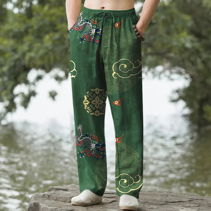 Buddha Stones Cotton Auspicious Cloud Dragon Pattern Men's Tapered Pants With Pockets - ForestGreen - US/UK/AU50，EU60 (5XL) - image 0