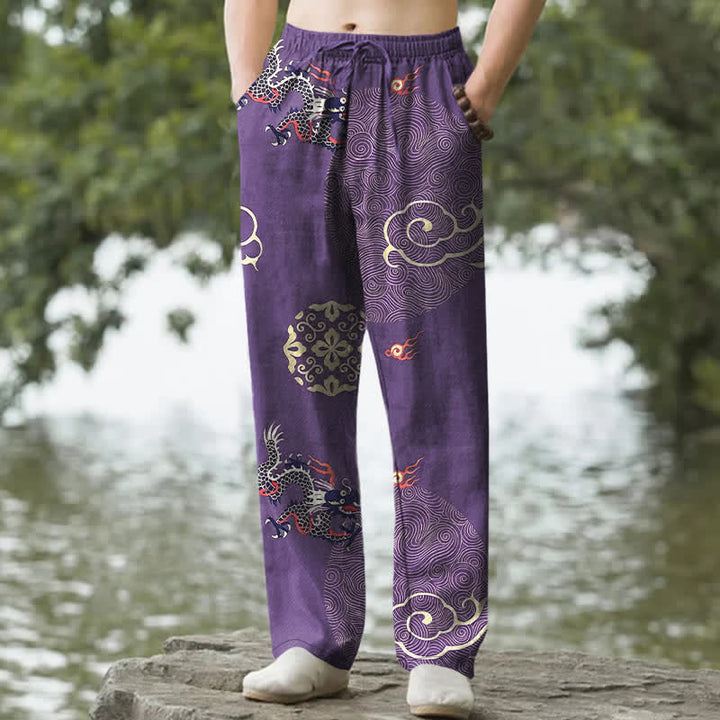 Buddha Stones Cotton Auspicious Cloud Dragon Pattern Men's Tapered Pants With Pockets - Purple - US/UK/AU50，EU60 (5XL) - image 4
