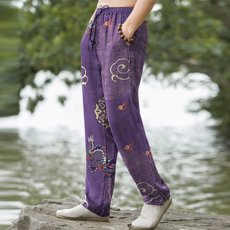 Buddha Stones Cotton Auspicious Cloud Dragon Pattern Men's Tapered Pants With Pockets - image 5