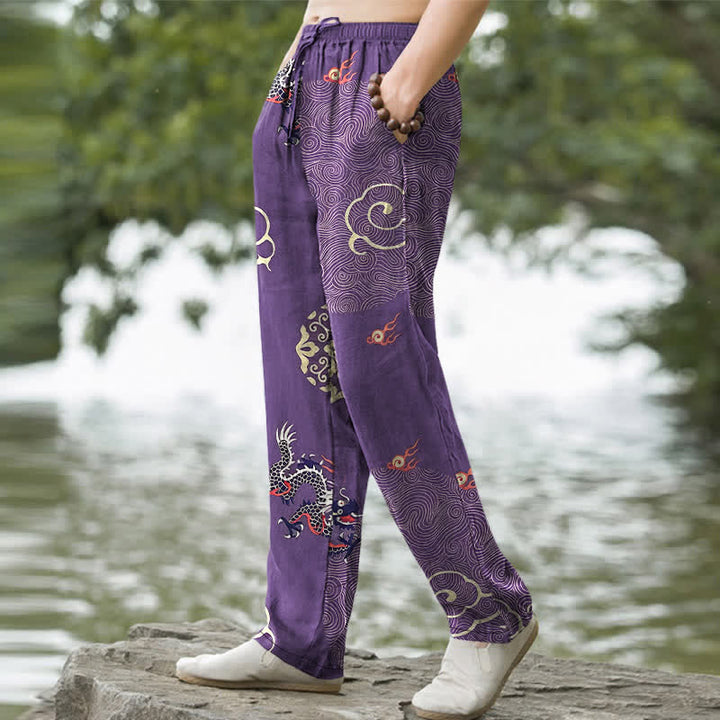 Buddha Stones Cotton Auspicious Cloud Dragon Pattern Men's Tapered Pants With Pockets - image 5