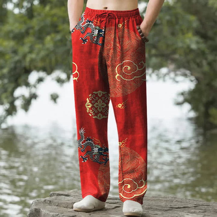 Buddha Stones Cotton Auspicious Cloud Dragon Pattern Men's Tapered Pants With Pockets - Red - US/UK/AU50，EU60 (5XL) - image 6