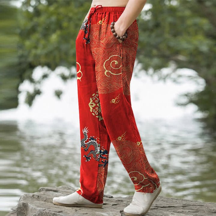 Buddha Stones Cotton Auspicious Cloud Dragon Pattern Men's Tapered Pants With Pockets - image 7