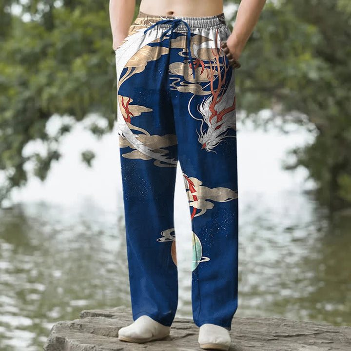 Buddha Stones Cotton White Dragon Cloud Pattern Men's Tapered Pants With Pockets - Navy - US/UK/AU50，EU60 (5XL) - image 0
