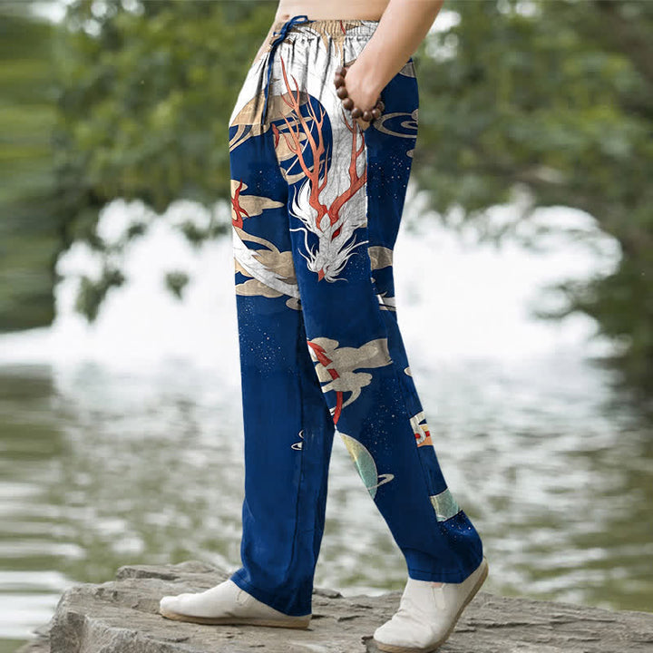 Buddha Stones Cotton White Dragon Cloud Pattern Men's Tapered Pants With Pockets - image 1