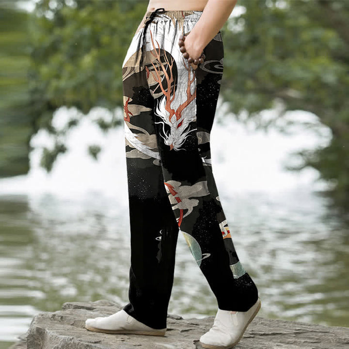 Buddha Stones Cotton White Dragon Cloud Pattern Men's Tapered Pants With Pockets - image 5