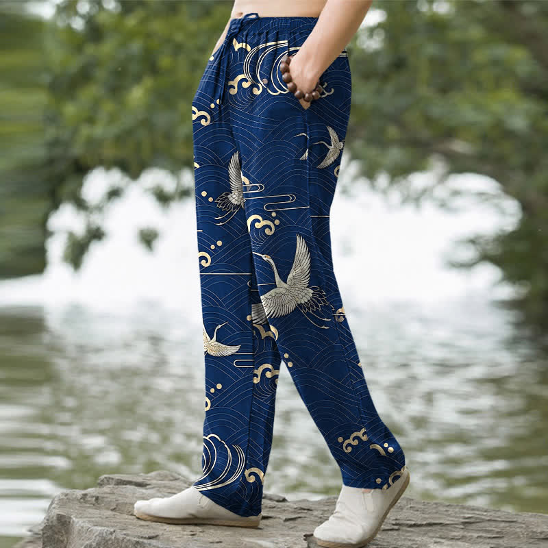 Buddha Stones Cotton White Crane Gold Wave Pattern Men's Tapered Pants With Pockets - image 5