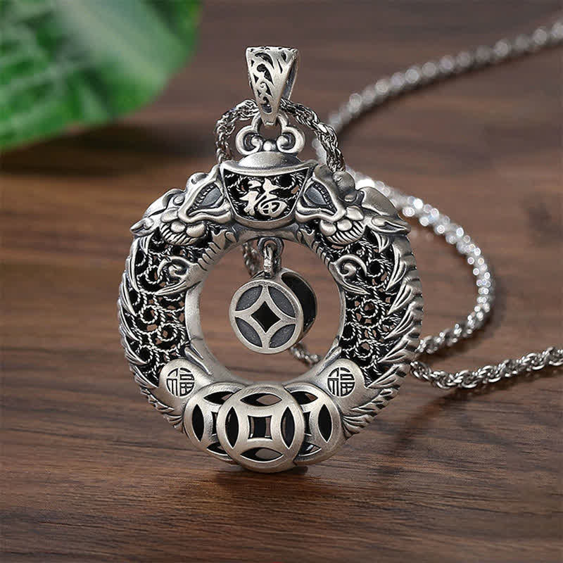 Buddha Stones Copper Dragon Fu Character Peace Buckle Wealth Relief Carving Vintage Necklace - Copper(Balance♥Wealth) - image 0