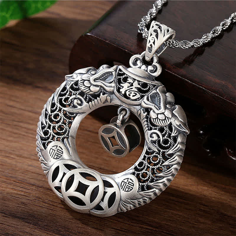Buddha Stones Copper Dragon Fu Character Peace Buckle Wealth Relief Carving Vintage Necklace - image 1