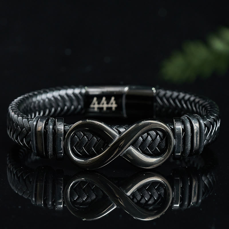 Buddha Stones Infinity Design 444 Angel Number 888 Angel Number Titanium Steel Leather Strengthen Bracelet - 444 Angel Number(Wrist Circumference 19–20cm) - image 0