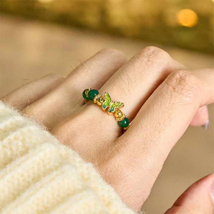Buddha Stones Natural Green Agate Bead Copper Butterfly Renewal Ring - image 5
