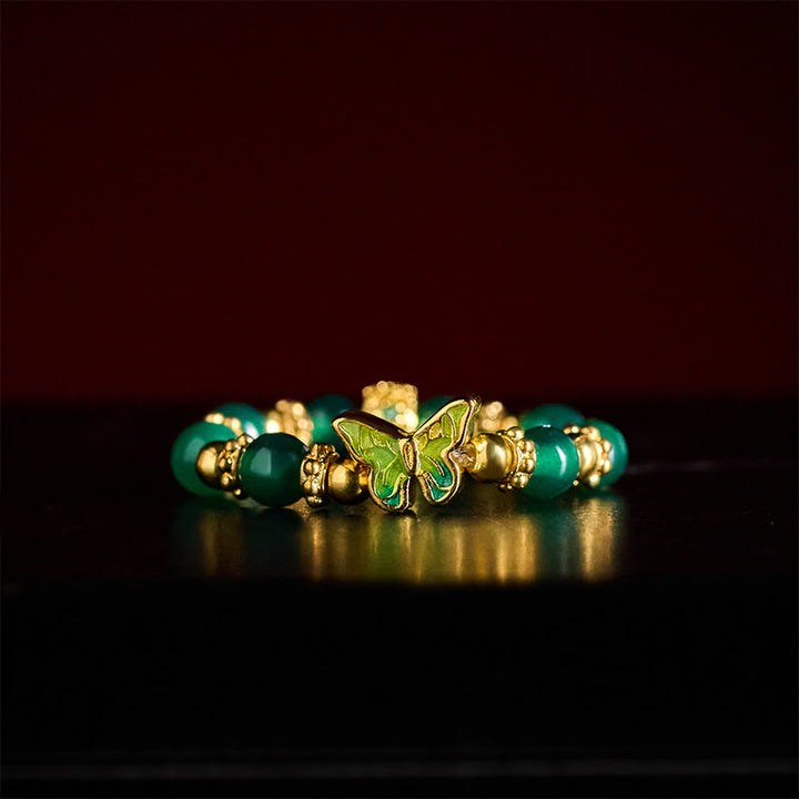 Buddha Stones Natural Green Agate Bead Copper Butterfly Renewal Ring - image 6