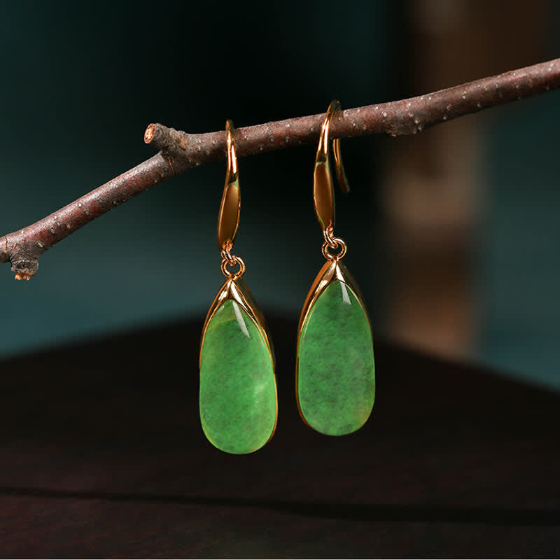Buddha Stones Jade Teardrop Protection Vintage Gold Tone Earrings - image 1