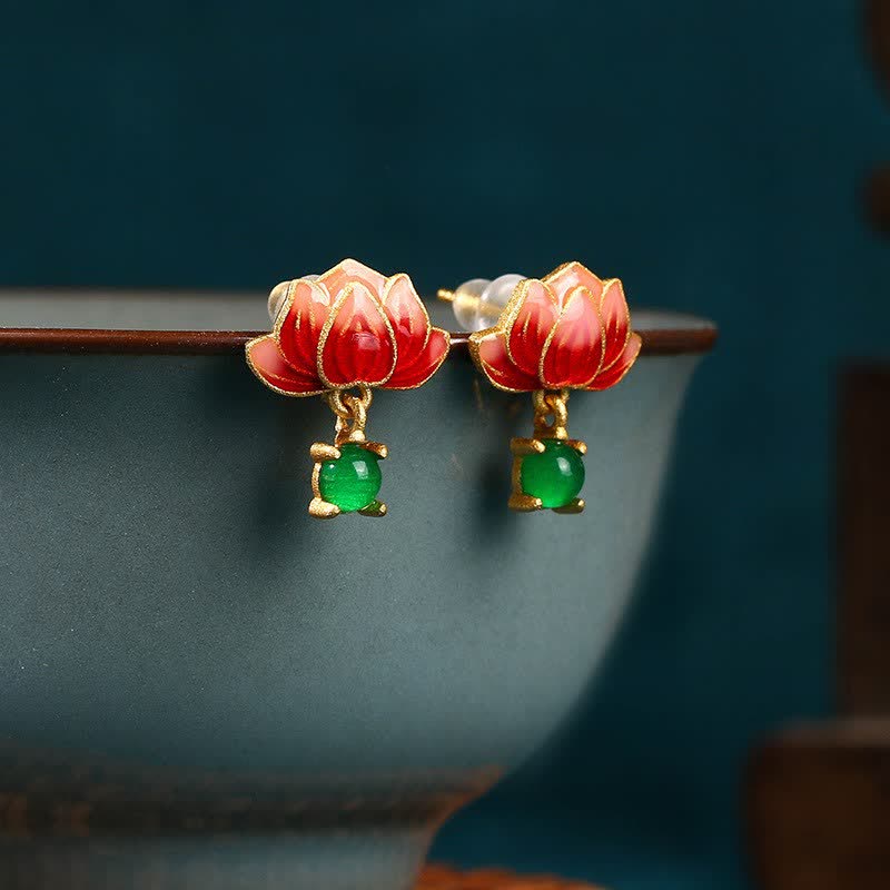 Buddha Stones Jade Lotus Enamel Gold Dangle New Beginnings Earrings - Lotus(Enlightenment ♥ New Beginnings) - Jade(Prosperity♥Luck) - image 0