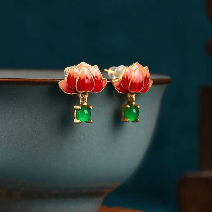 Buddha Stones Jade Lotus Enamel Gold Dangle New Beginnings Earrings - Lotus(Enlightenment ♥ New Beginnings) - Jade(Prosperity♥Luck) - image 0