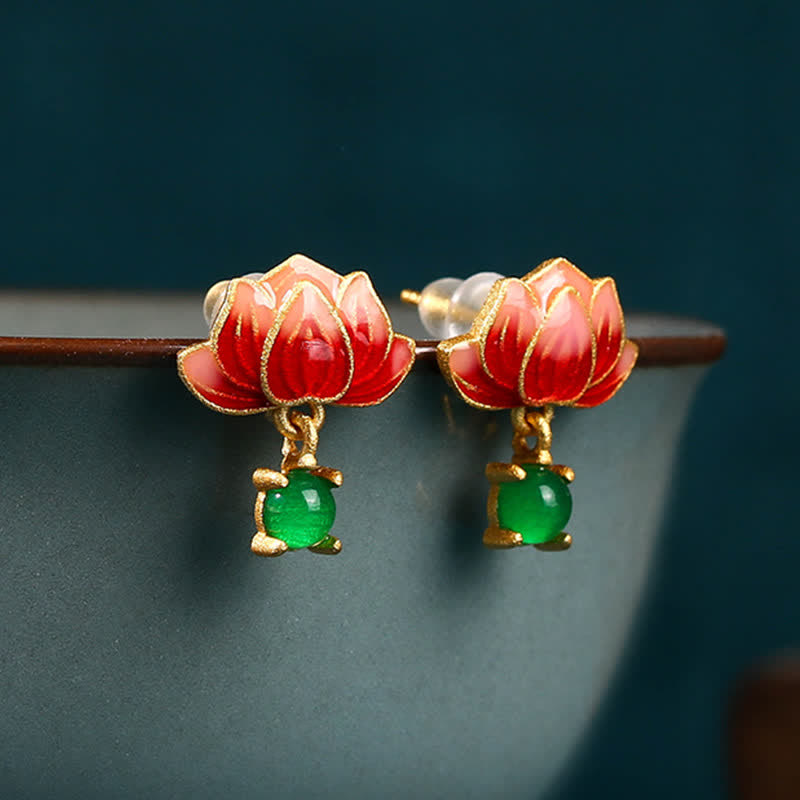 Buddha Stones Jade Lotus Enamel Gold Dangle New Beginnings Earrings - image 1