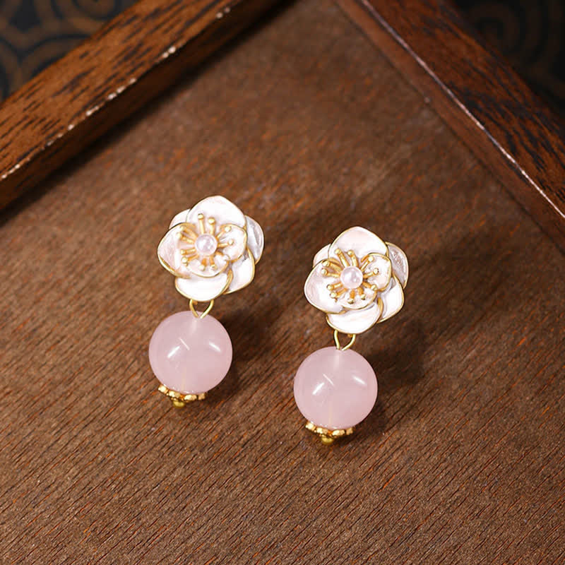 Buddha Stones Rose Quartz Camellia Loving Energy Drop Earrings - image 1