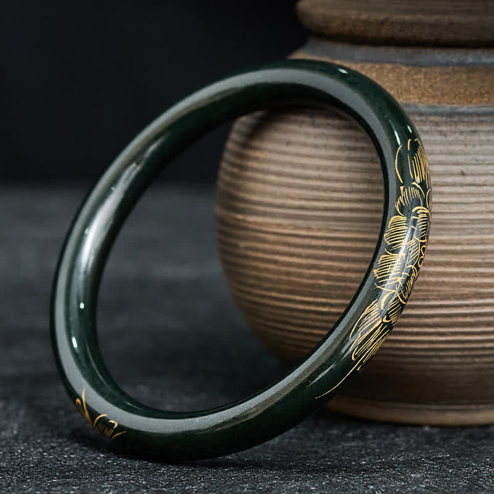 Buddha Stones Natural Cyan Jade Lotus Koi Fish Enlightenment Bangle Bracelet - image 3