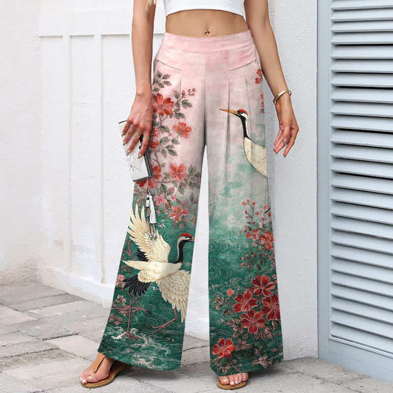 Buddha Stones Cotton Linen Crane Floral Pattern Women's Elastic Waist Wide Leg Pants With Pockets - image 4