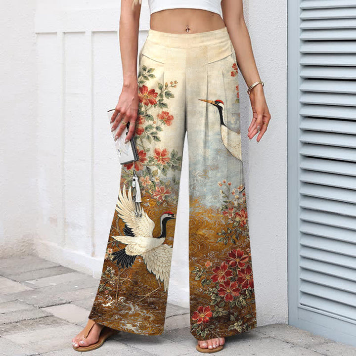 Buddha Stones Cotton Linen Crane Floral Pattern Women's Elastic Waist Wide Leg Pants With Pockets - image 8