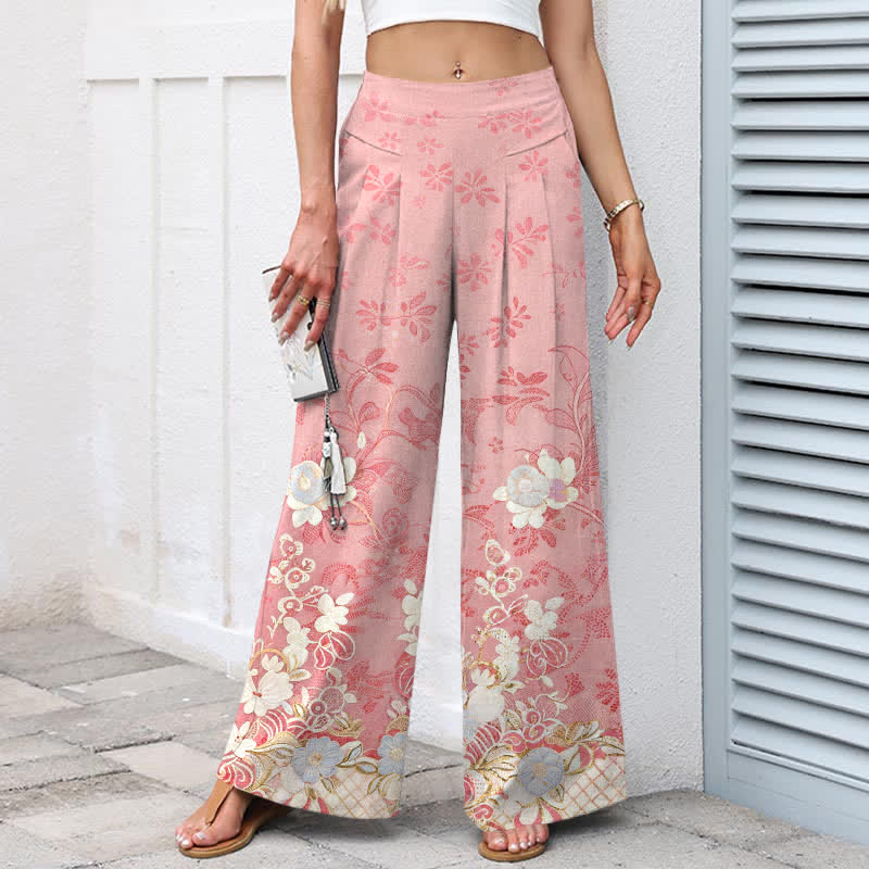 Buddha Stones Cotton Linen Romantic Floral Pattern Women's Elastic Waist Wide Leg Pants With Pockets - image 1