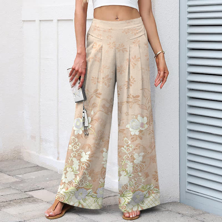 Buddha Stones Cotton Linen Romantic Floral Pattern Women's Elastic Waist Wide Leg Pants With Pockets - image 5