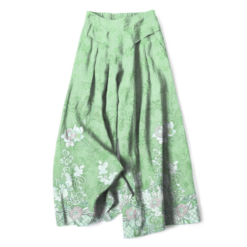 Buddha Stones Cotton Linen Romantic Floral Pattern Women's Elastic Waist Wide Leg Pants With Pockets - PaleGreen - US16，UK/AU20，EU48 (3XL) - image 8