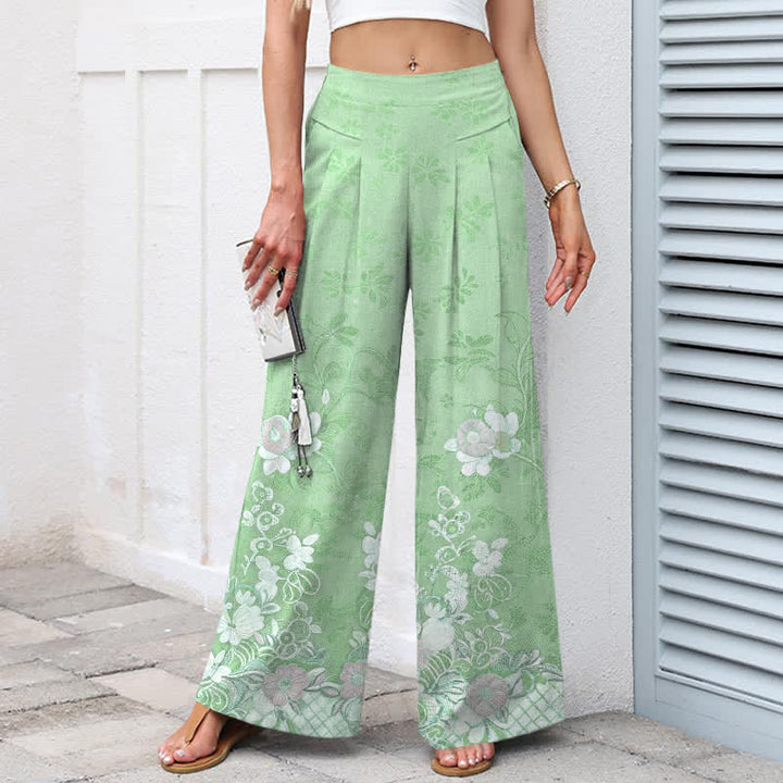 Buddha Stones Cotton Linen Romantic Floral Pattern Women's Elastic Waist Wide Leg Pants With Pockets - image 9