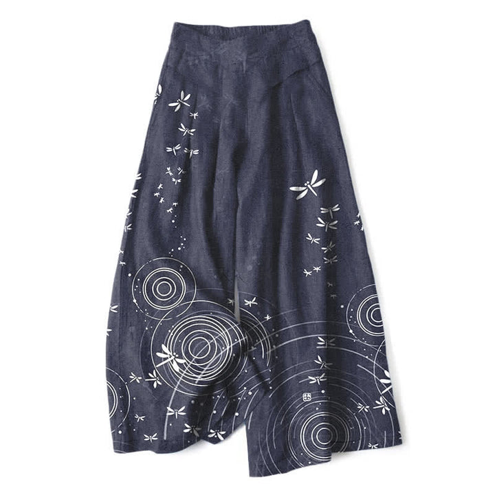 Buddha Stones Cotton Linen Dragonfly Ripple Pattern Women's Elastic Waist Wide Leg Pants With Pockets - SlateGray - US16，UK/AU20，EU48 (3XL) - image 8