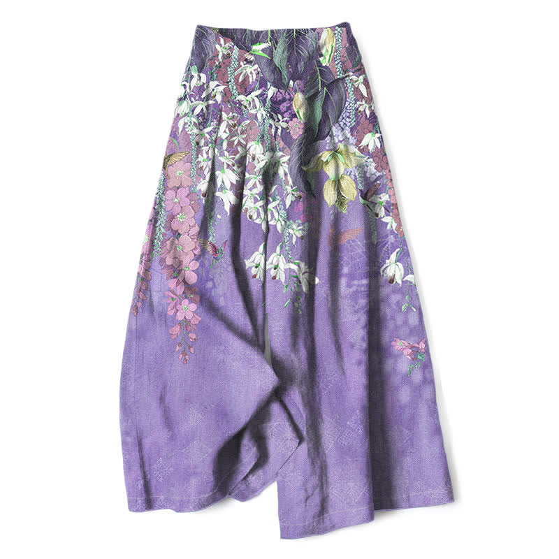 Buddha Stones Cotton Linen Bohemian Floral Pattern Women's Elastic Waist Wide Leg Pants With Pockets - MediumPurple - US16，UK/AU20，EU48 (3XL) - image 4