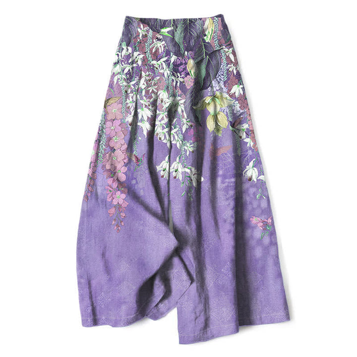 Buddha Stones Cotton Linen Bohemian Floral Pattern Women's Elastic Waist Wide Leg Pants With Pockets - MediumPurple - US16，UK/AU20，EU48 (3XL) - image 4