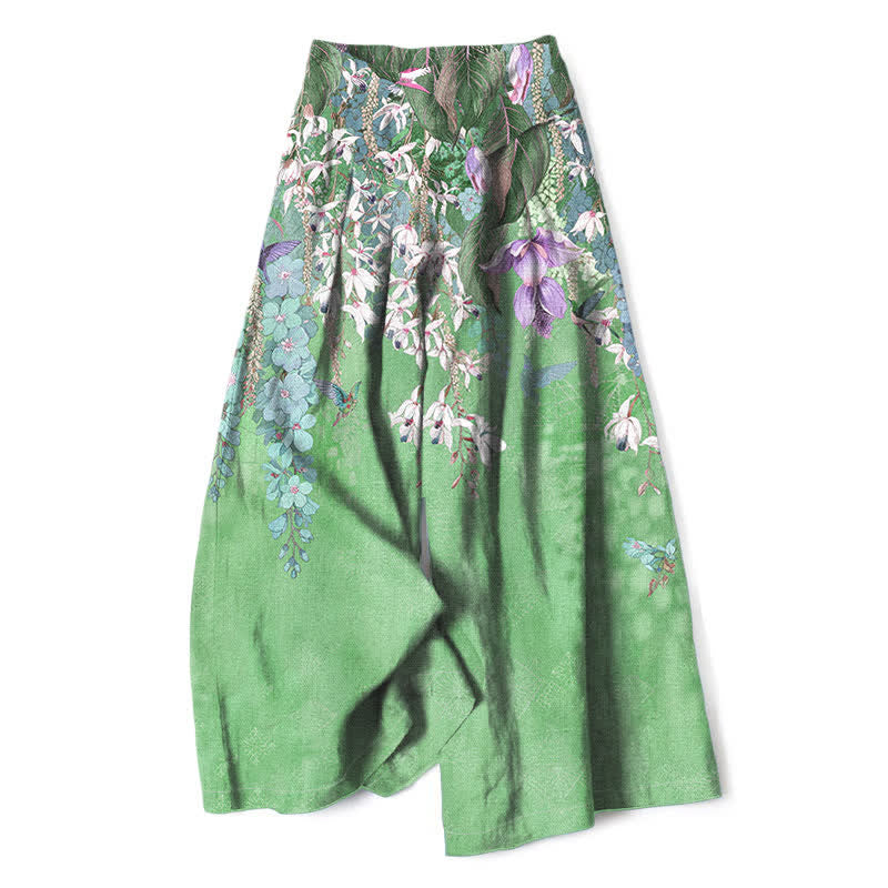 Buddha Stones Cotton Linen Bohemian Floral Pattern Women's Elastic Waist Wide Leg Pants With Pockets - LightGreen - US16，UK/AU20，EU48 (3XL) - image 8