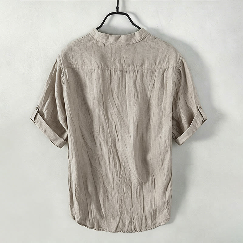 Buddha Stones Solid Color Short Sleeve Half Button Shirt Cotton Linen Men Clothing - image 46