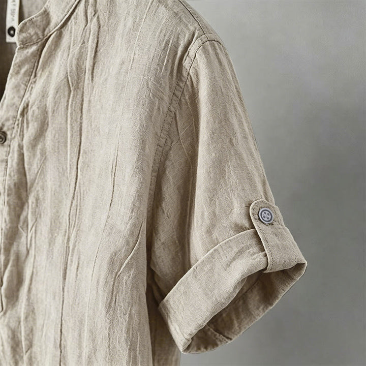 Buddha Stones Solid Color Short Sleeve Half Button Shirt Cotton Linen Men Clothing - image 49