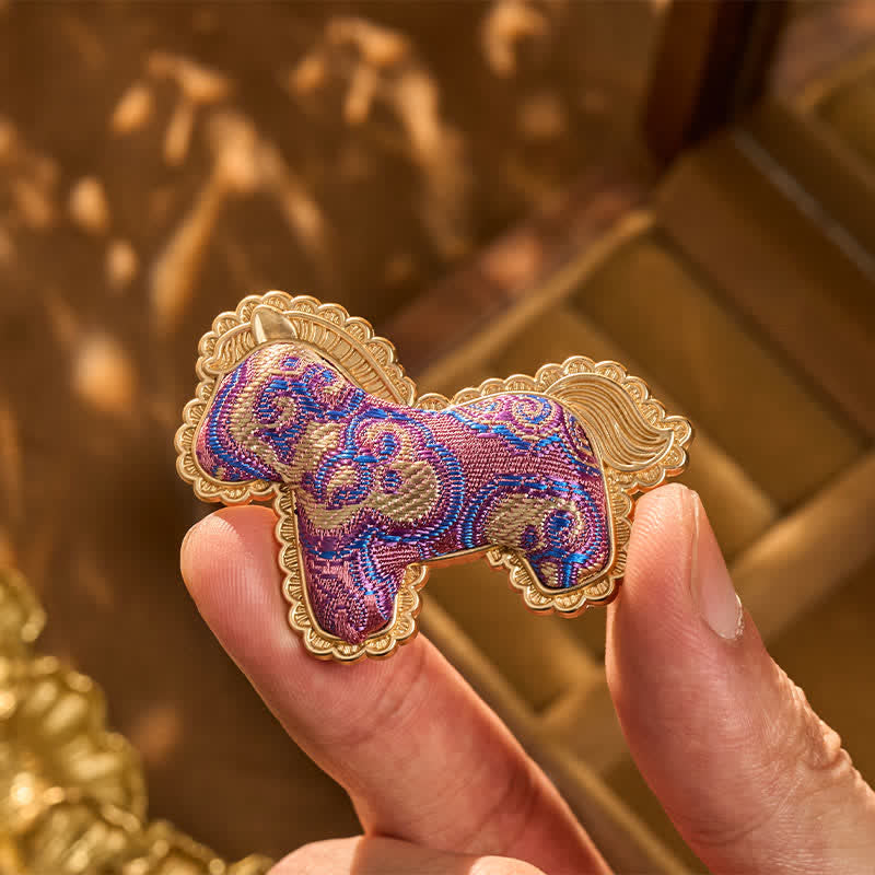 Buddha Stones Song Brocade Handcrafted Purple Horse Prosperity Brooch - image 4