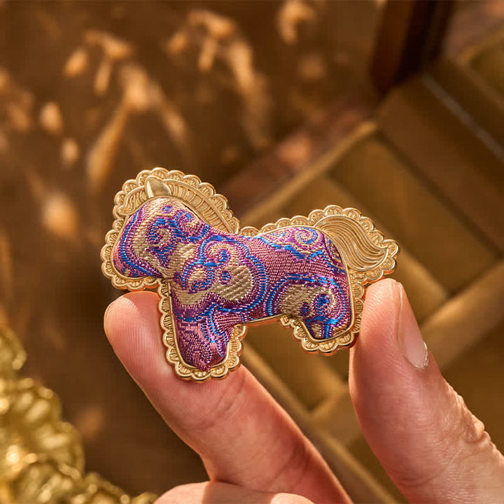 Buddha Stones Song Brocade Handcrafted Purple Horse Prosperity Brooch - image 4