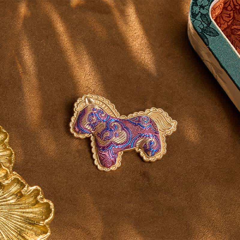 Buddha Stones Song Brocade Handcrafted Purple Horse Prosperity Brooch - image 2