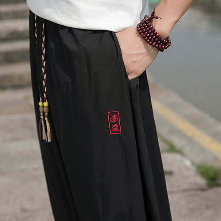 Buddha Stones Summer Casual Drawstring Chinese Character Carefree Embroidery Ankle Pants Men's Harem Pants With Pockets - image 10