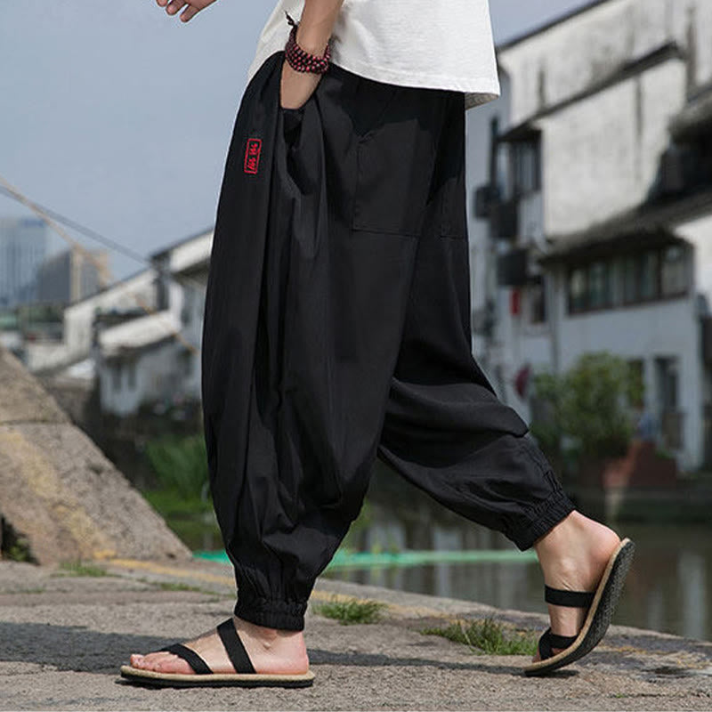 Buddha Stones Summer Casual Drawstring Chinese Character Carefree Embroidery Ankle Pants Men's Harem Pants With Pockets - image 7